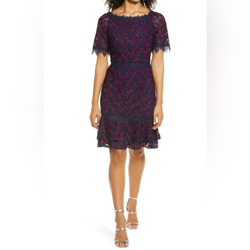 Shani Lace Sheath Dress - Navy and Berry